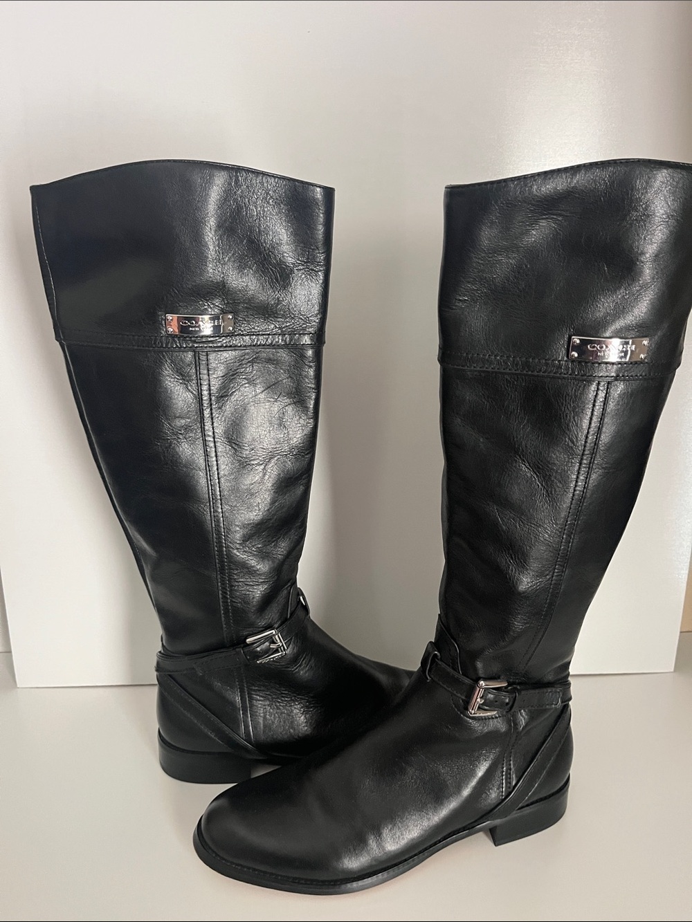 Coach Black Leather Over-the-Knee Riding Boots with Buckle Detail Size 8B